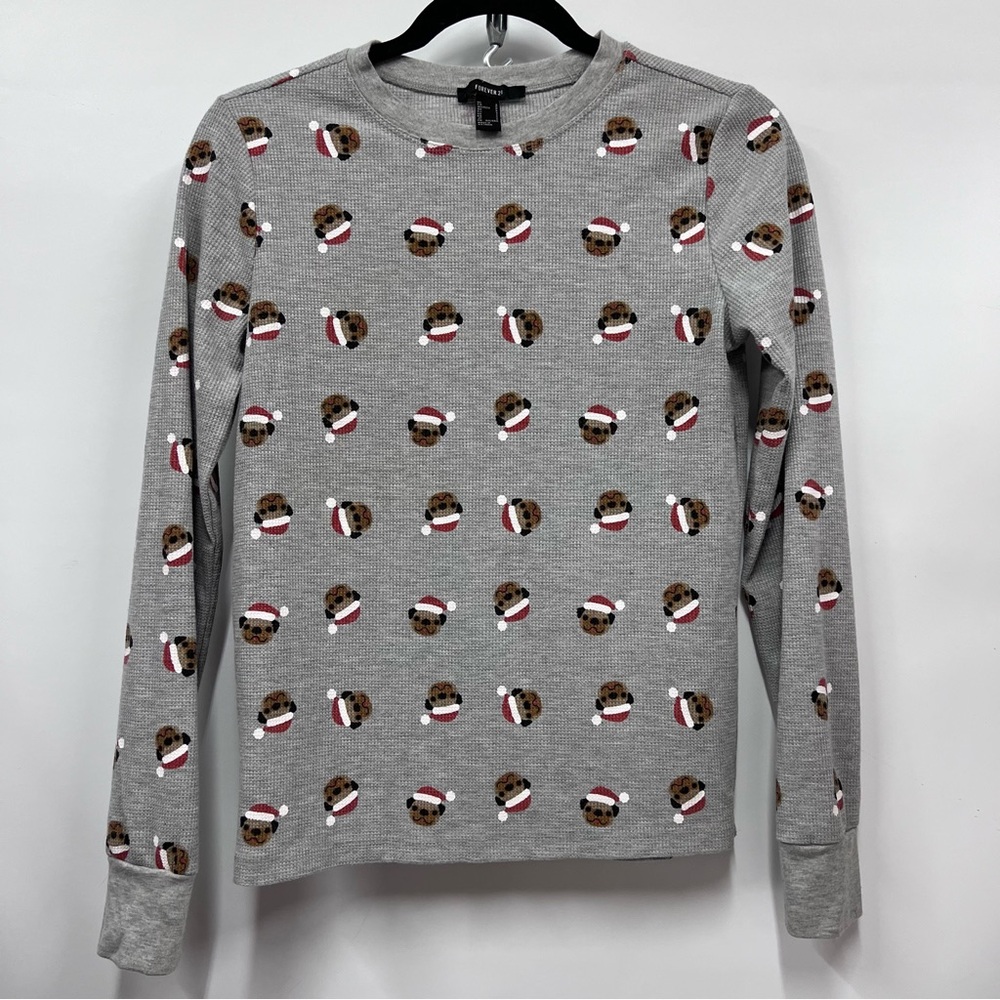 Gray Thermal long sleeve w/ puppy dog pug Santa hat S holiday Christmas top